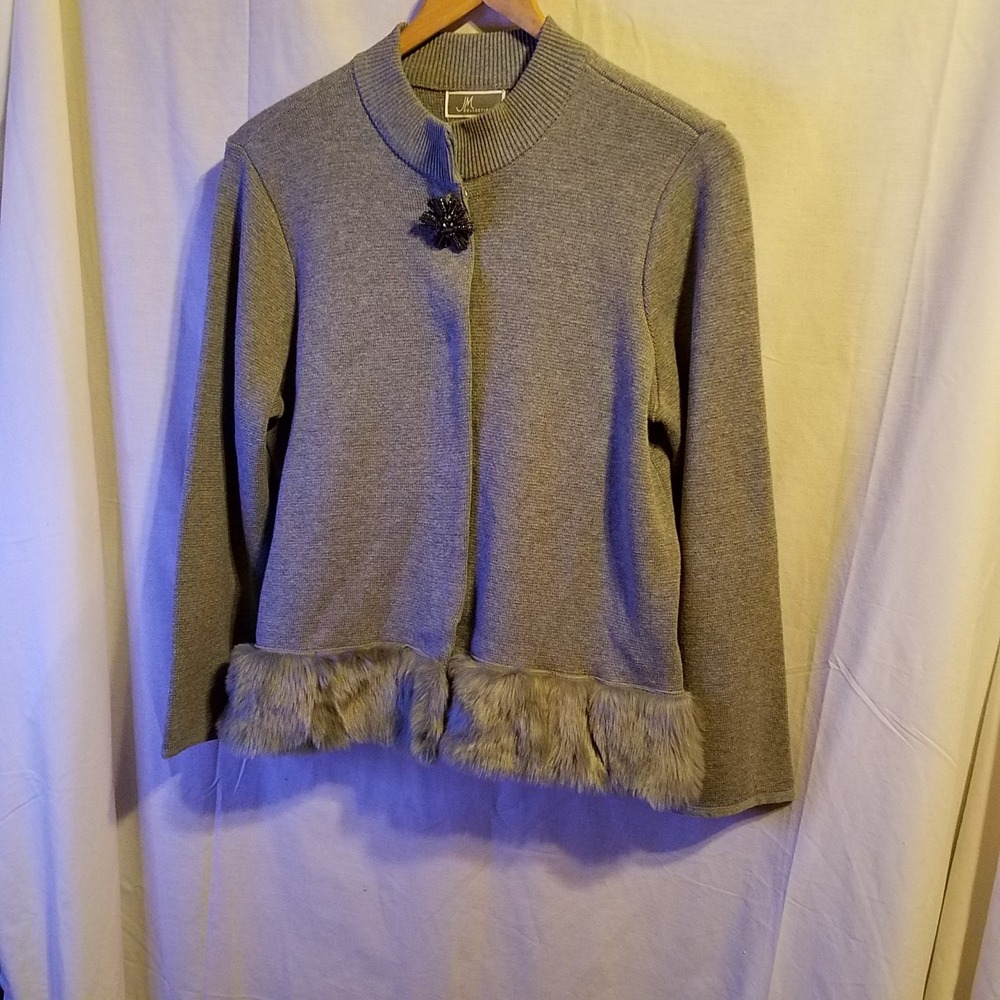 JM Collection Size Small Petite Cotton Faux-Fur-Hem Cardigan Gray with Brooch